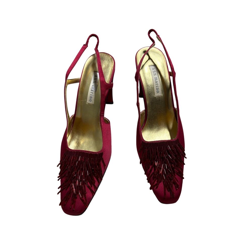 Ann Marino Burgundy Beaded Fringe Slingback Heels 8M Square Toe Holiday 90s Y2K